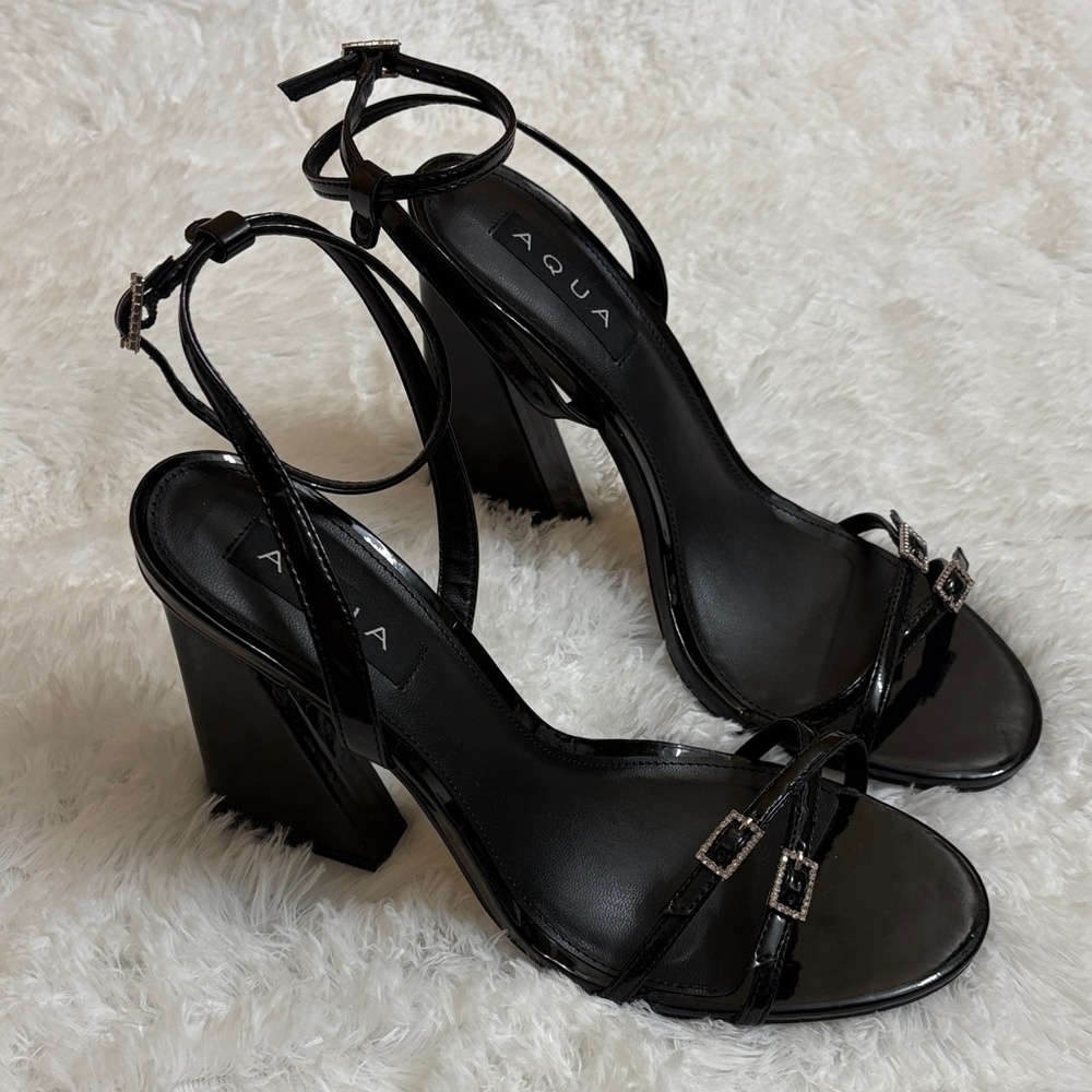 NEW Without Box Aqua Black Strappy Block Heels With Rhinestone Detailing 9.5B